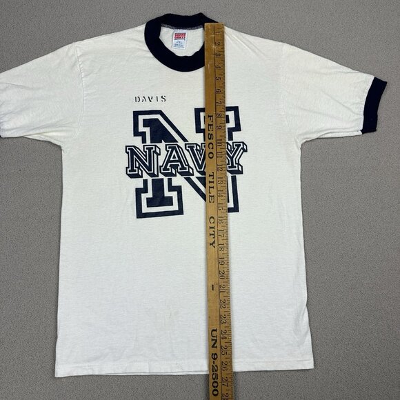 Vintage Military T Shirt 80s USA Ringer Soffe US Navy White Stencil Davis - Picture 6 of 7